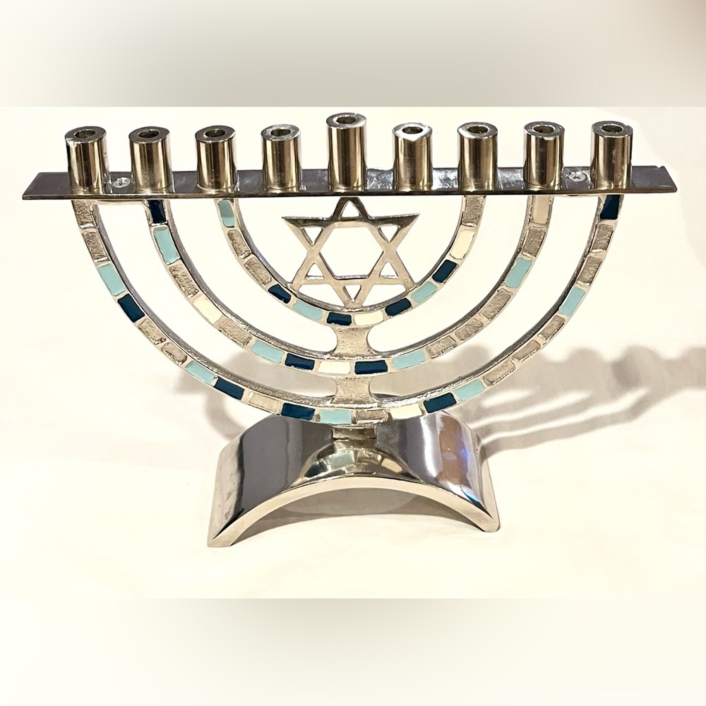 Hanukkah Menorah Chrome With Mosaic Type Branches ,White Blue Silver Panels